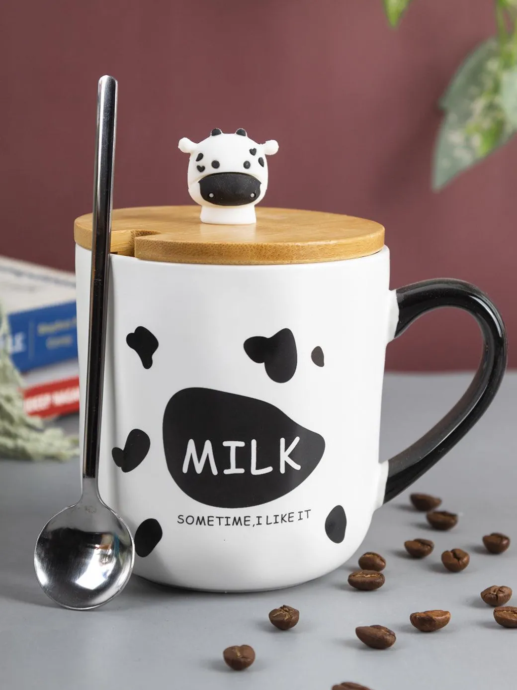 "MILK SOMETIME I LIKE IT" Coffee Mug With Lid - 450mL, Mixing Spoon
