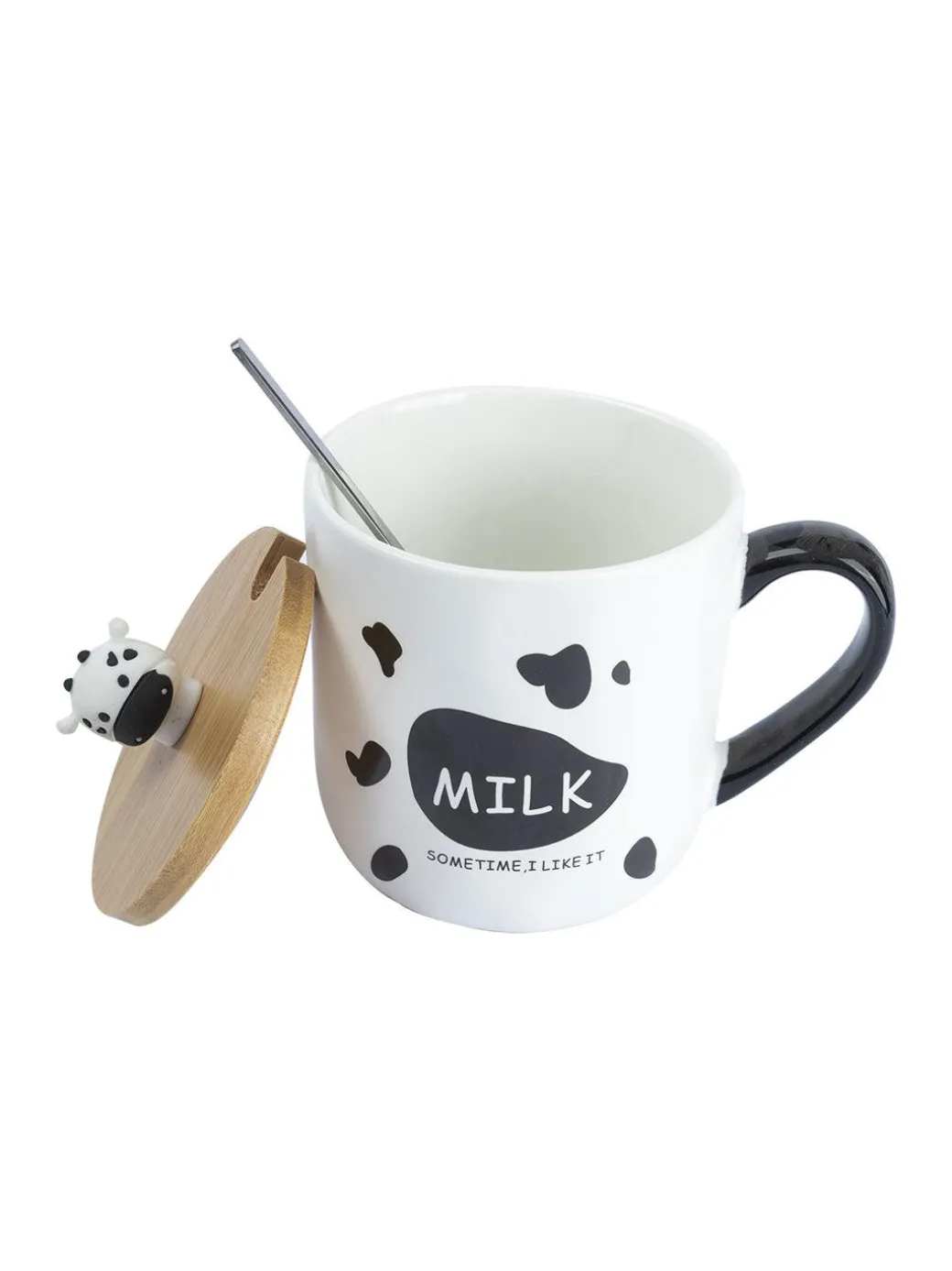 "MILK SOMETIME I LIKE IT" Coffee Mug With Lid - 450mL, Mixing Spoon