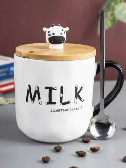 "MILK SOMETIME I LIKE IT" Coffee Mug With Lid -  450mL, Long Stirring Spoon