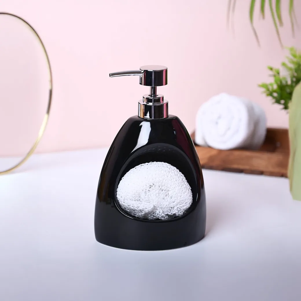 Modern Black Kitchen Dispenser With Scrubber - Cylindrical Shape