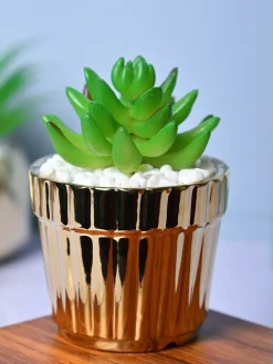 Modern Elegance - Striped Ceramic Pot with Artificial Plant