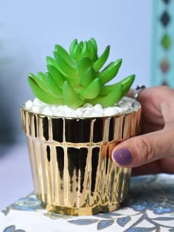 Modern Elegance - Striped Ceramic Pot with Artificial Plant