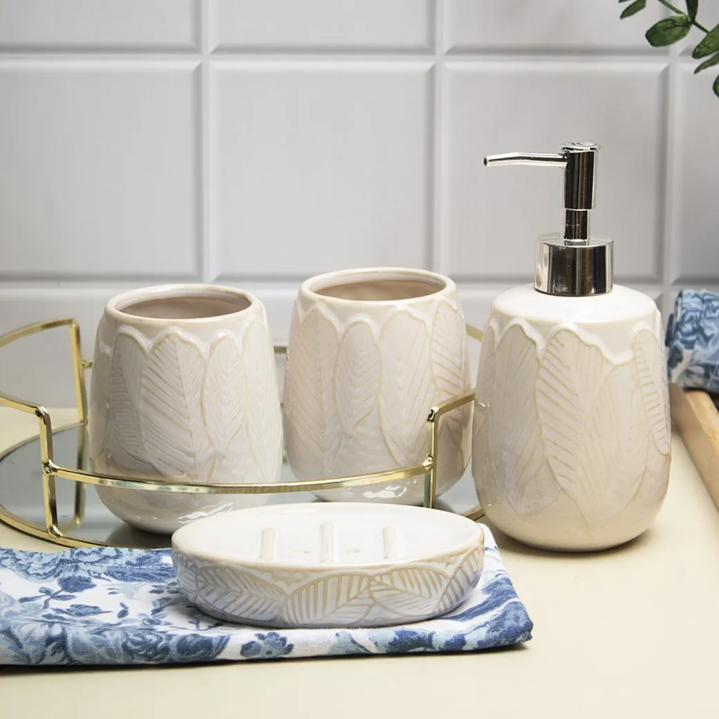 Off White Ceramic Bathroom Set Of 4 - Leafy Pattern, Bath Accessories
