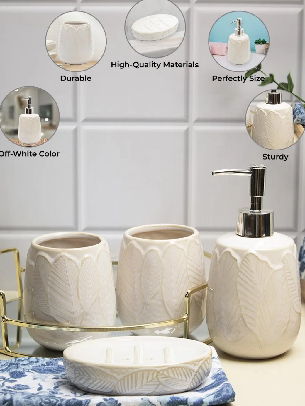 Off White Ceramic Bathroom Set Of 4 - Leafy Pattern, Bath Accessories