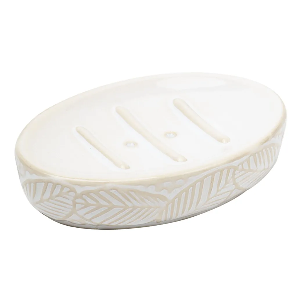 Off White Ceramic Bathroom Set Of 4 - Leafy Pattern, Bath Accessories