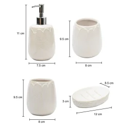 Off White Ceramic Bathroom Set Of 4 - Leafy Pattern, Bath Accessories