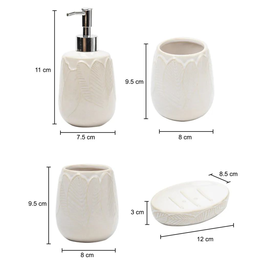 Off White Ceramic Bathroom Set Of 4 - Leafy Pattern, Bath Accessories