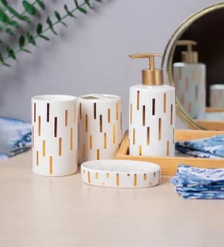 Off White Ceramic Bathroom Set Of 4 - Straight Lines, Bath Accessories