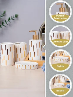 Off White Ceramic Bathroom Set Of 4 - Straight Lines, Bath Accessories