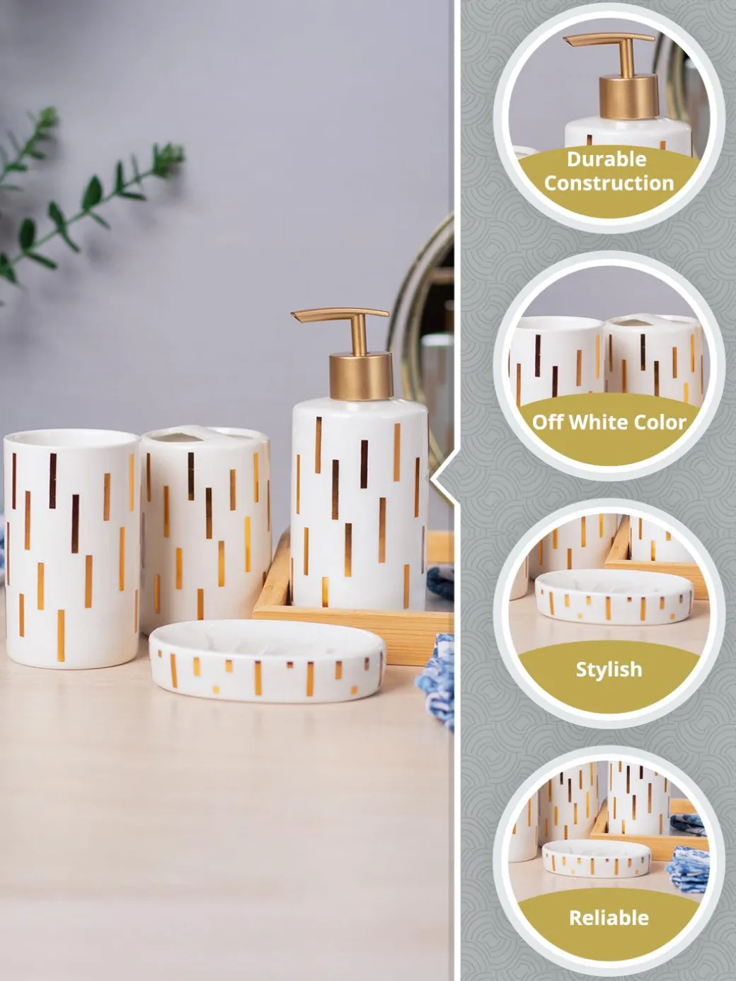 Off White Ceramic Bathroom Set Of 4 - Straight Lines, Bath Accessories