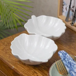 Off White Ceramic Dish - Pack Of 2, Leaf Shape