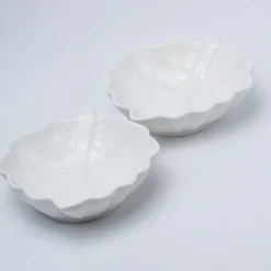 Off White Ceramic Dish - Pack Of 2, Leaf Shape