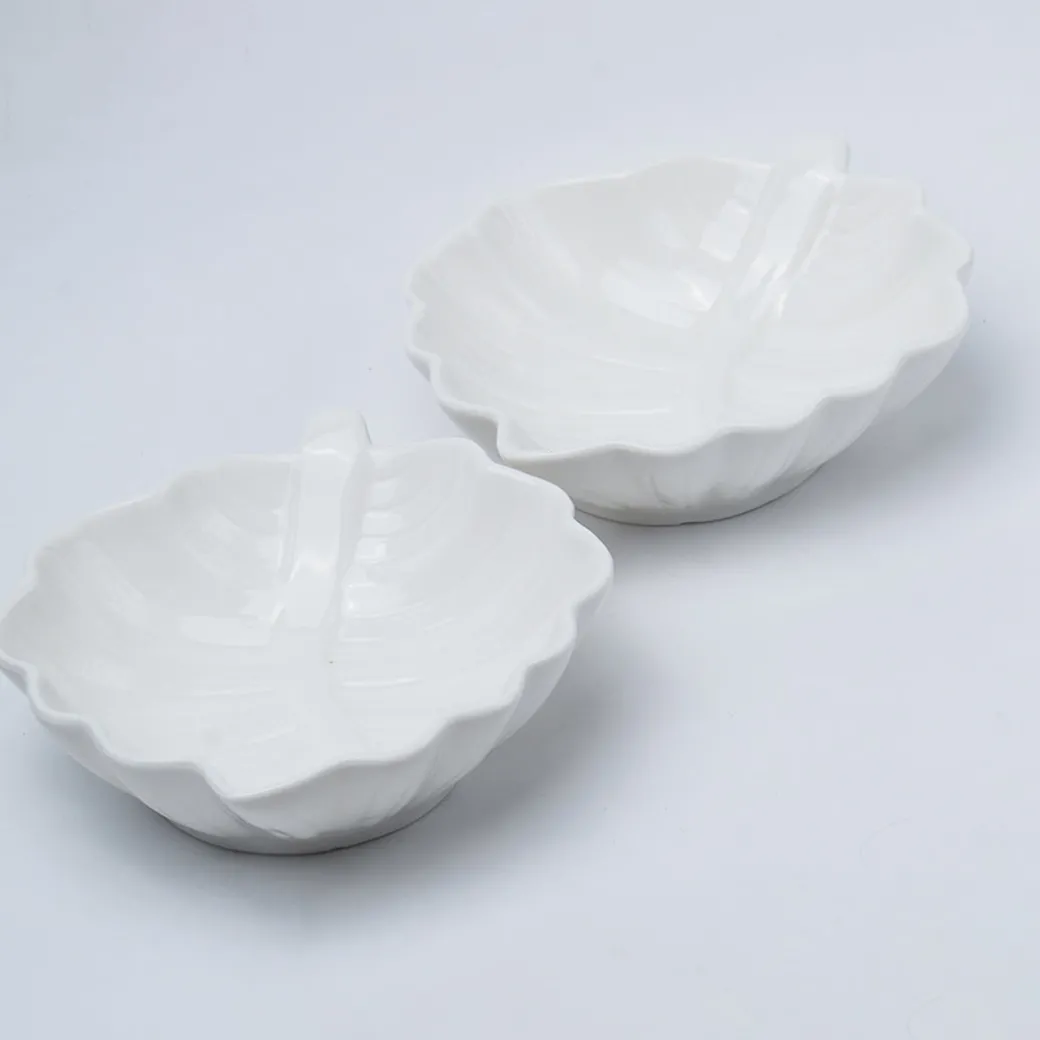 Off White Ceramic Dish - Pack Of 2, Leaf Shape