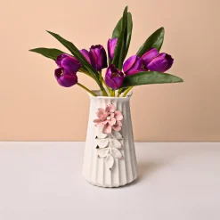 Off White Ceramic Vase - Engraved Floral Pattern, Flower Holder