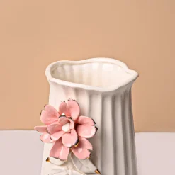 Off White Ceramic Vase - Engraved Floral Pattern, Flower Holder