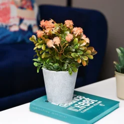 Orange & Green Artificial Flower with Pot - Cylindrical Shape