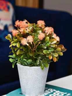 Orange & Green Artificial Flower with Pot - Cylindrical Shape