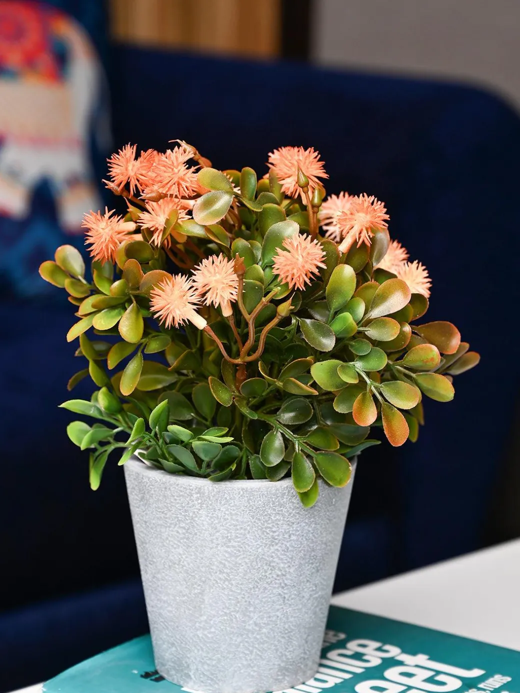 Orange & Green Artificial Flower with Pot - Cylindrical Shape