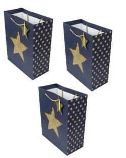Paper, Gift Bag Pack Of 3, Printed Star, Glitter : Finish, Multicolor