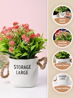 Pink & Green Artificial Flower with Pot - Cylindrical Shape