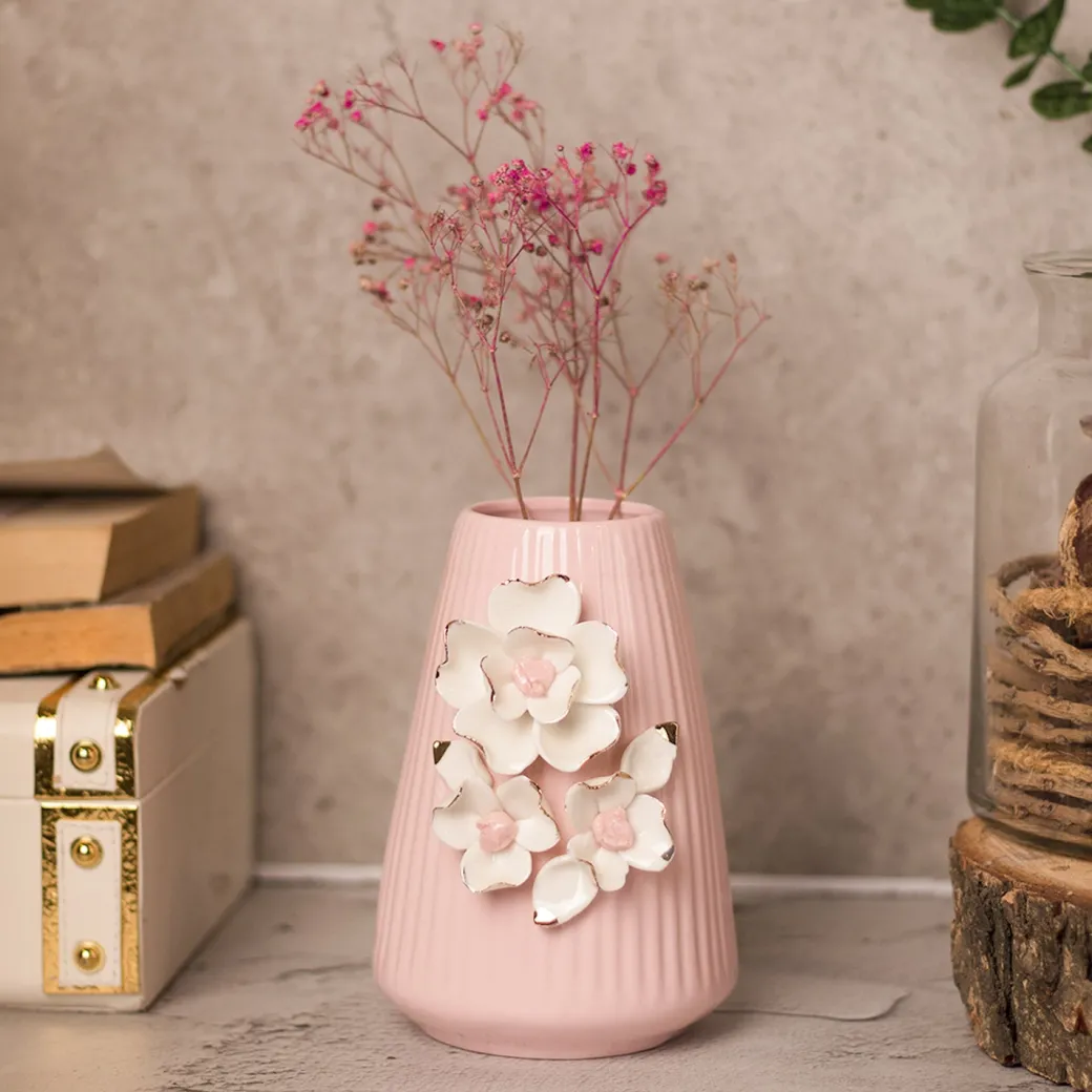 Pink Ceramic Vase - Engraved Floral Pattern, Flower Holder
