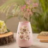 Pink Ceramic Vase - Engraved Floral & Ribbed Pattern, Flower Holder