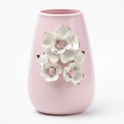 Pink Ceramic Vase - Engraved Floral & Ribbed Pattern, Flower Holder