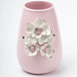 Pink Ceramic Vase - Engraved Floral & Ribbed Pattern, Flower Holder