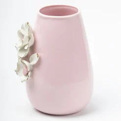 Pink Ceramic Vase - Engraved Floral & Ribbed Pattern, Flower Holder