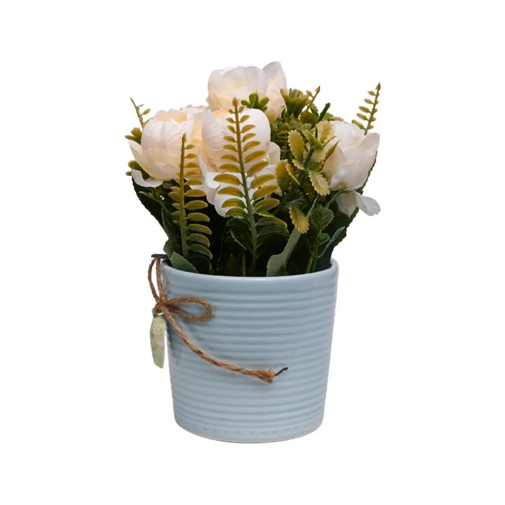 Pink Rose Fake Flowers With Light Blue Pot
