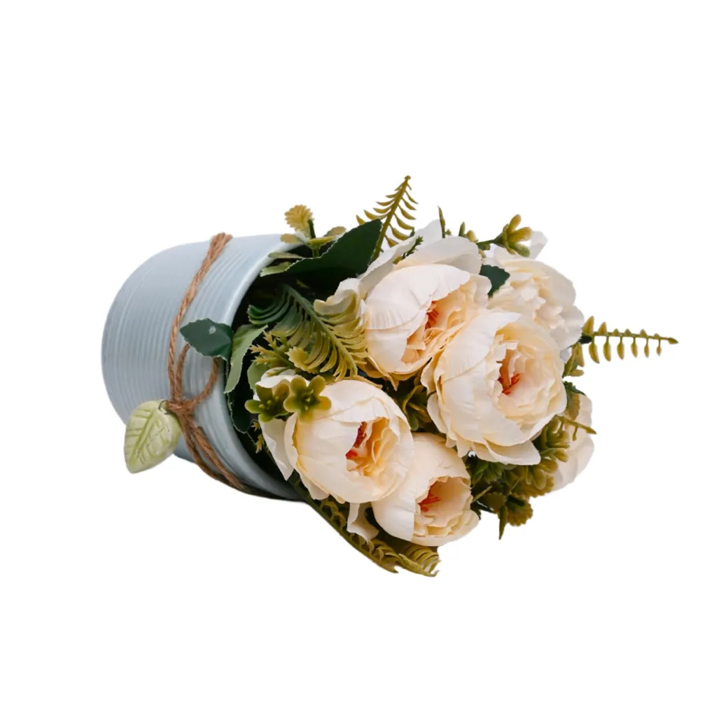 Pink Rose Fake Flowers With Light Blue Pot