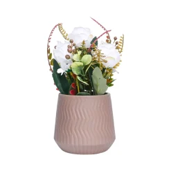 Pink Rose Fake Flowers With Brown Pot