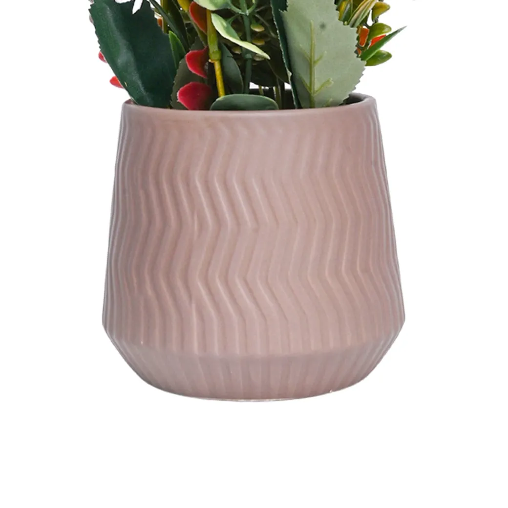 Pink Rose Fake Flowers With Brown Pot