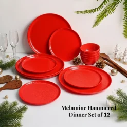 Red Hammered Melamine Dinner Set – 12 Pcs