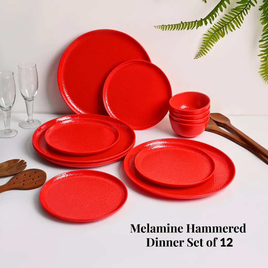 Red Hammered Melamine Dinner Set – 12 Pcs