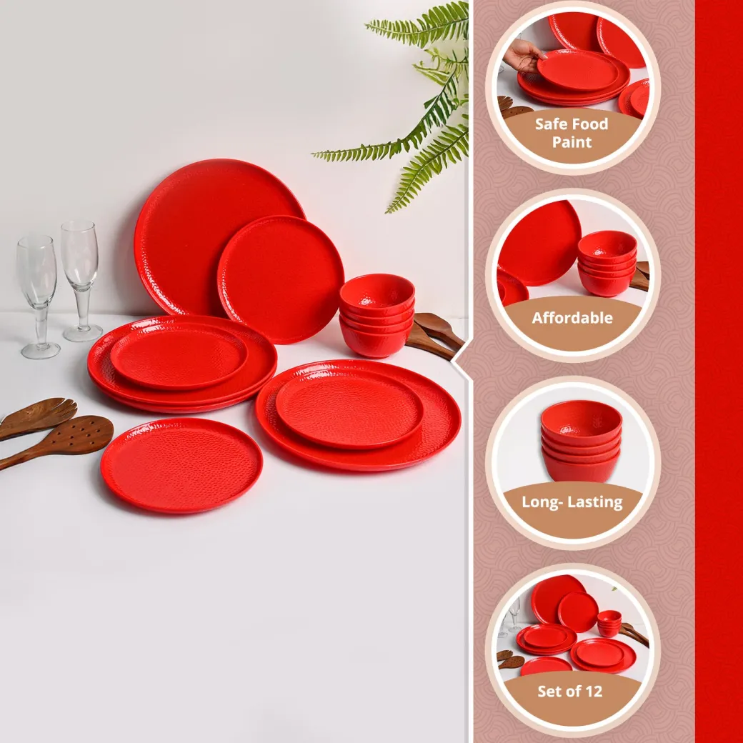Red Hammered Melamine Dinner Set – 12 Pcs