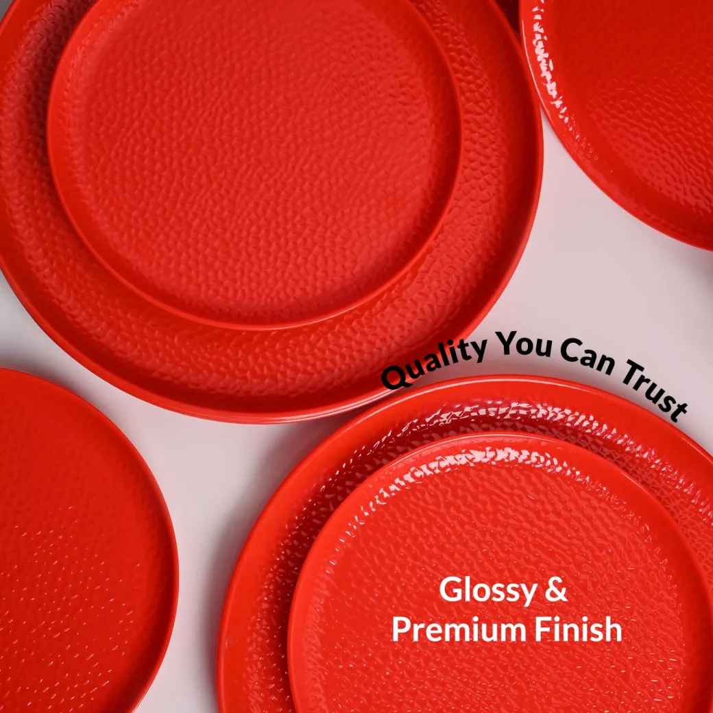 Red Hammered Melamine Dinner Set – 12 Pcs