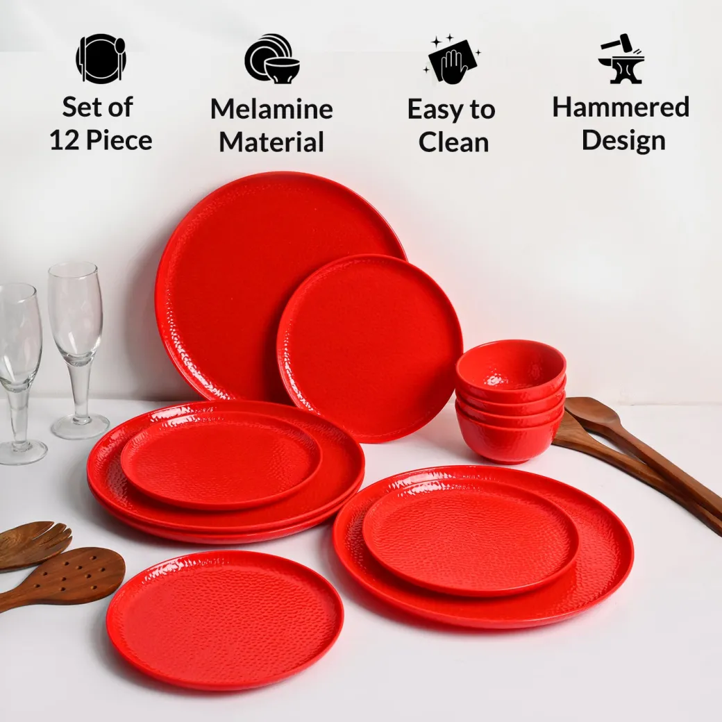 Red Hammered Melamine Dinner Set – 12 Pcs