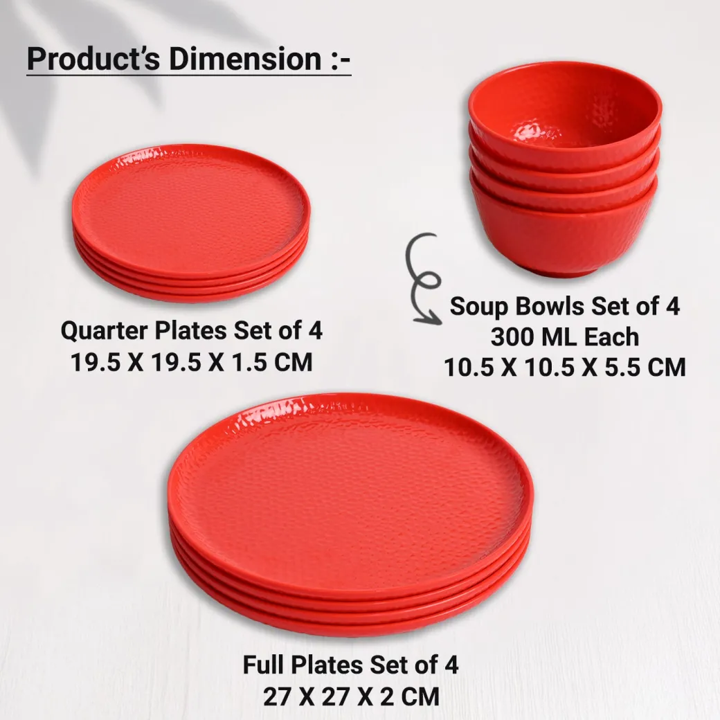 Red Hammered Melamine Dinner Set – 12 Pcs