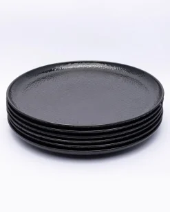 Round Full Plates, Black, Hammered Melamine, Pack Of 6