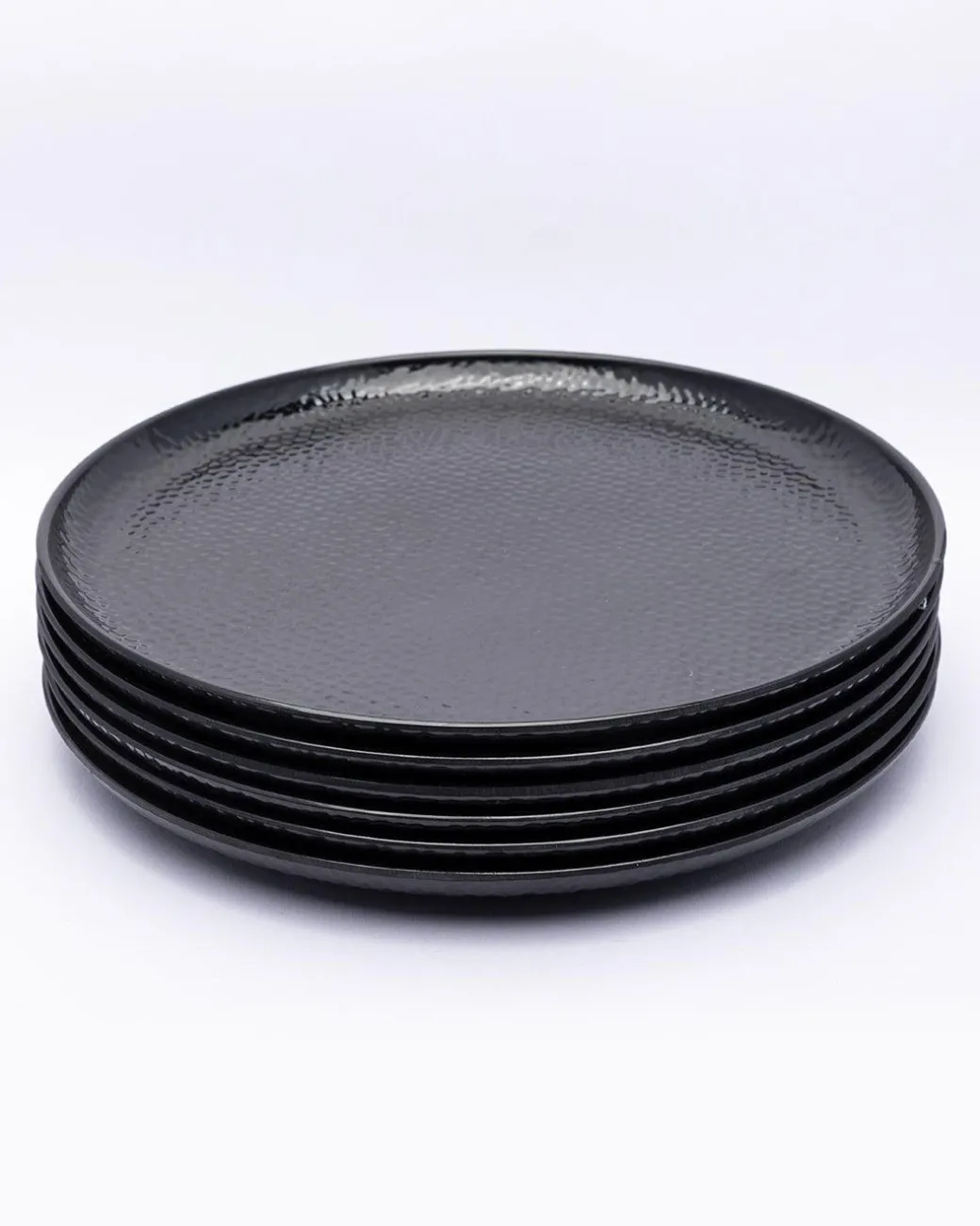 Round Full Plates, Black, Hammered Melamine, Pack Of 6