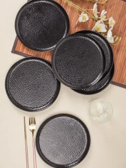 Round Quarter Plates, Half Plates, Dinner Set, Hammered Melamine, Black, Pack of 6