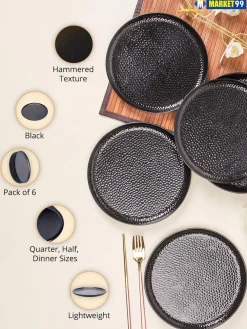 Round Quarter Plates, Half Plates, Dinner Set, Hammered Melamine, Black, Pack of 6
