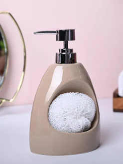 Rustic Brown Kitchen Dispenser With Scrubber - Cylindrical Shape
