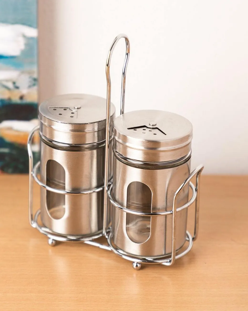 Salt & Pepper Set, Silver, Glass & Stainless Steel, Set of 2, 100 mL