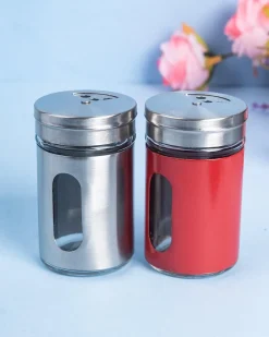 Salt & Pepper Shaker, Red & Silver, Stainless Steel, Set of 2