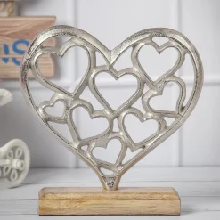 Silver Hearts Sculpture on a Wooden Base