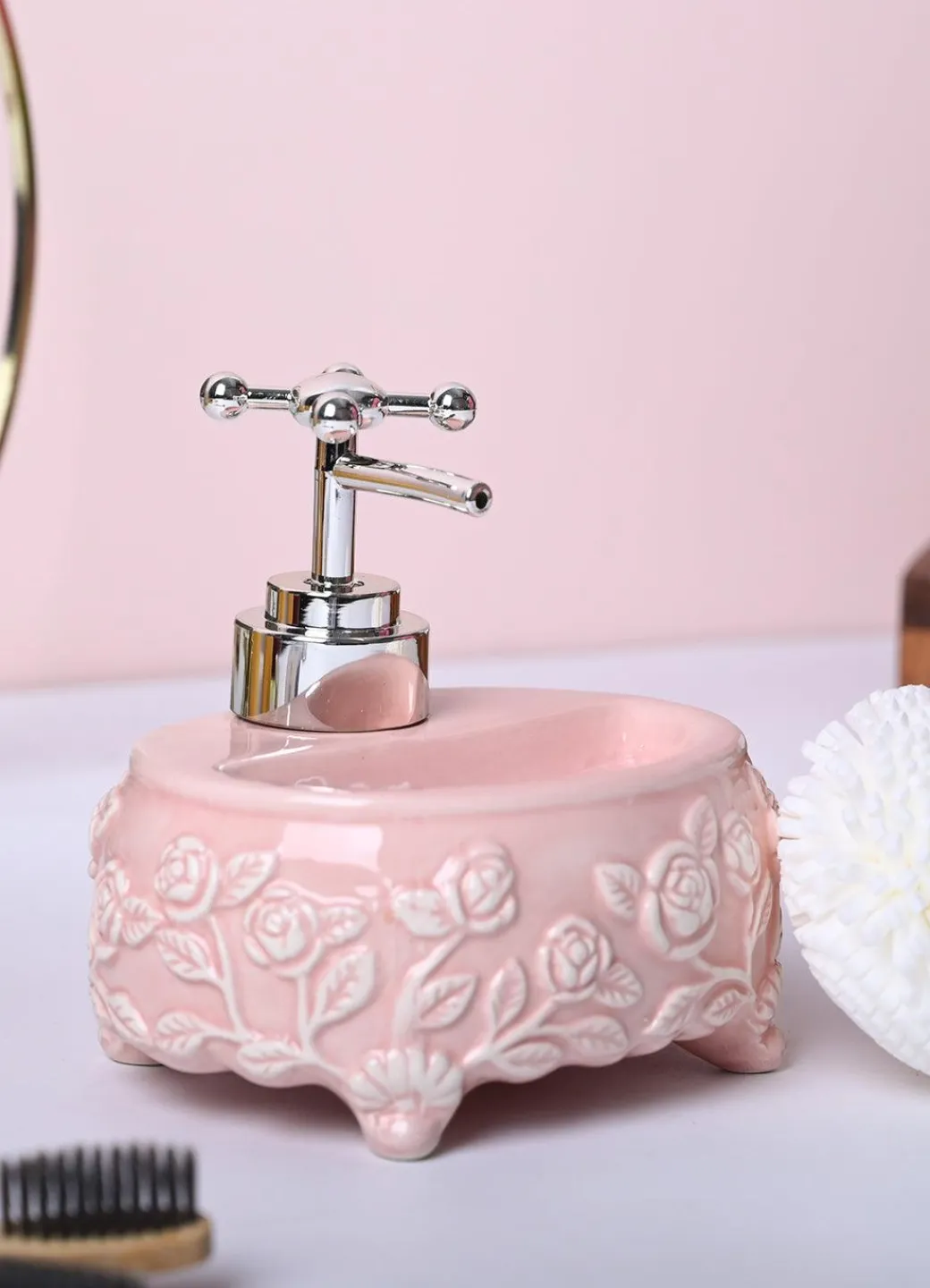 Soft Pink Kitchen Dispenser Set with Scrubber - Oval Shape