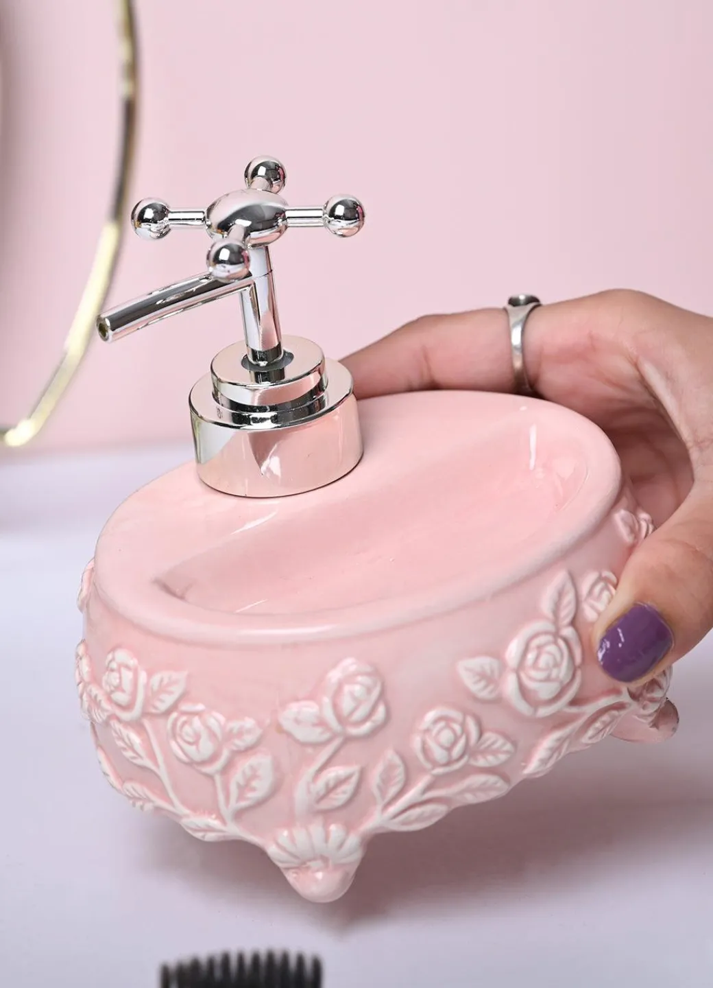 Soft Pink Kitchen Dispenser Set with Scrubber - Oval Shape