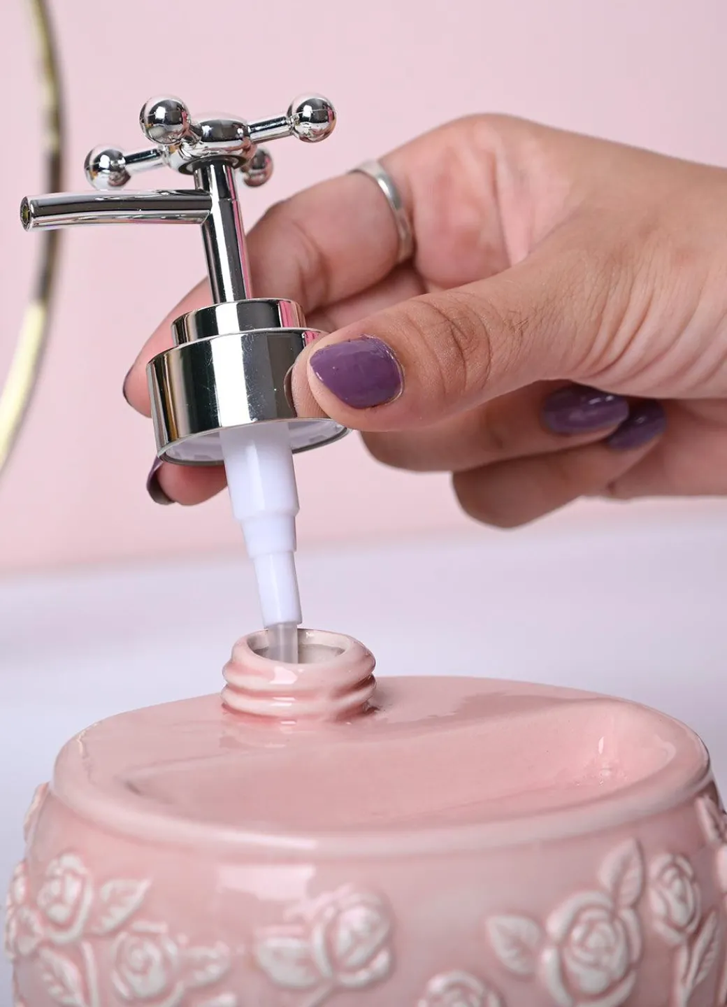 Soft Pink Kitchen Dispenser Set with Scrubber - Oval Shape